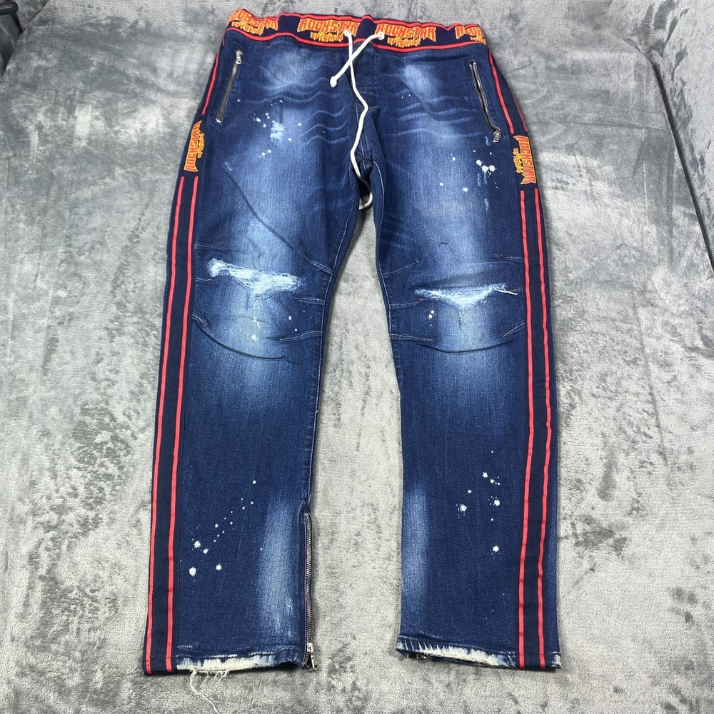 Rockstar Original Jeans Men Fit 40x30 Blue Paint Splatter Moto Stripe Distressed